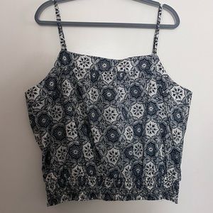 LOFT Navy & White Patterned Blouse with Spaghetti Straps and Scrunched Bottom